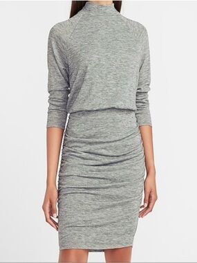 Express Gray Mock Turtleneck Long Sleeve Ruched Knit Midi Chic Dress medium